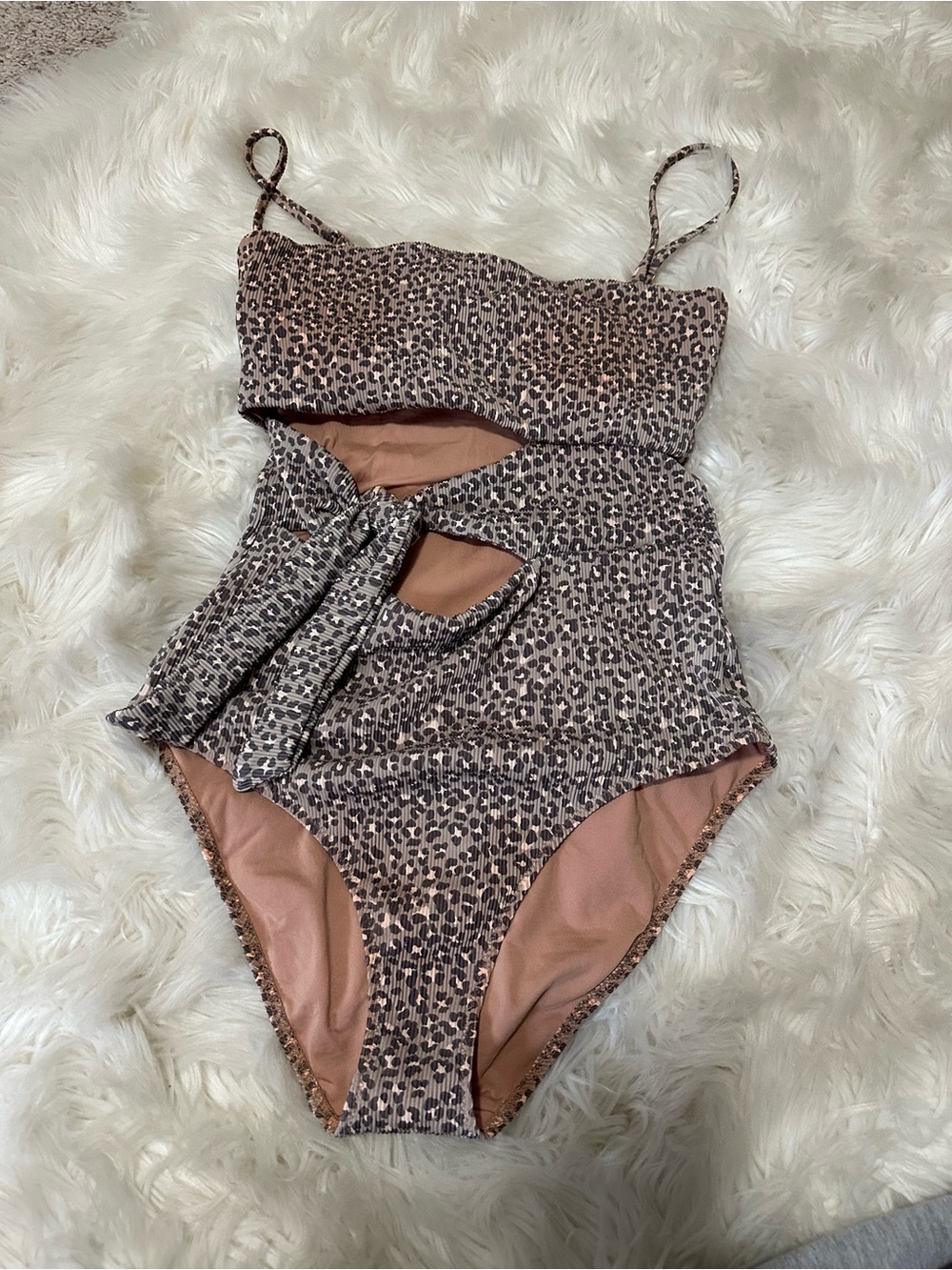 aerie Leopard Accent One-Piece Swimsuit in Taupe and Brown